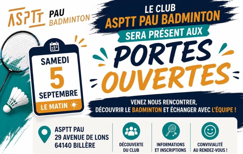 Samedi 5 septembre Portes ouvertes de l&rsquo;ASPTT, auxquelles participera le club de badminton.